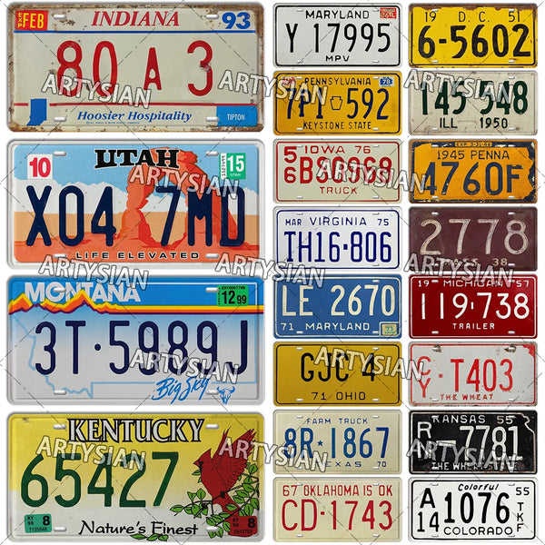 Vintage US License Plate Pennsylvania Maryland Kentucky Massachusetts Montana Utah Indiana Number Plate Decorative Metal Sign