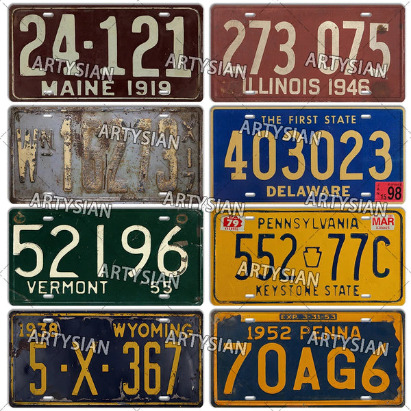 Vintage US Motorcylce Truck vehicle Trailer Tractor License Plate Decorative Metal Sign Pennsylvania Illinois Minnesota Vermont