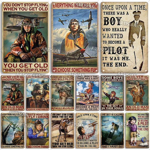 ARTYSIAN Male Pilot And Airplane Decorative Plate Vintage Metal Poster Man Cave Home Wall Decor Sign Retro Wall Metal Tin Sign