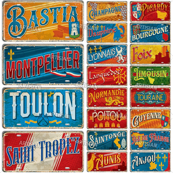 ARTYSIAN France Ctiy Metal Sign Province License Plate Landmark Travel Car Plate Decorative Tin Plaque Wall Decor Garage Bar Pub