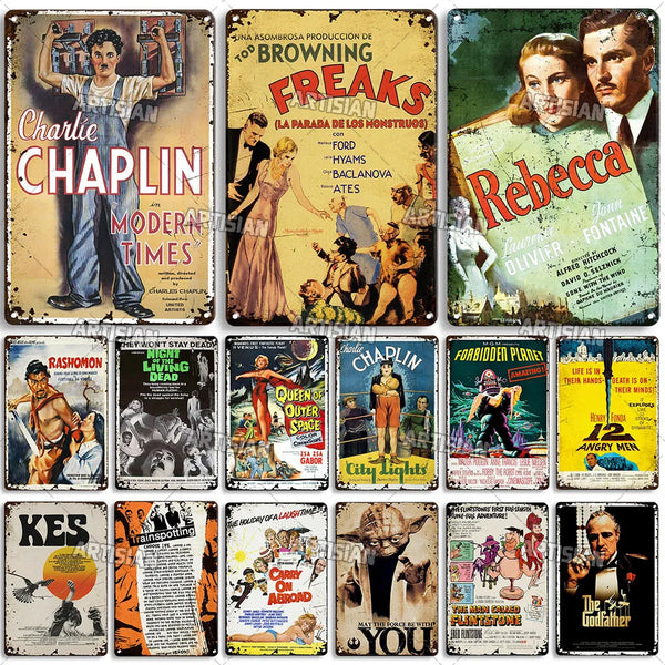 Charlie Chaplin Modern Times Rebecca Rashomon Trainspotting Kes Old Movie 12 Angry Man Metal Poster Rusty Metal Sign The Godfather Metal Plate