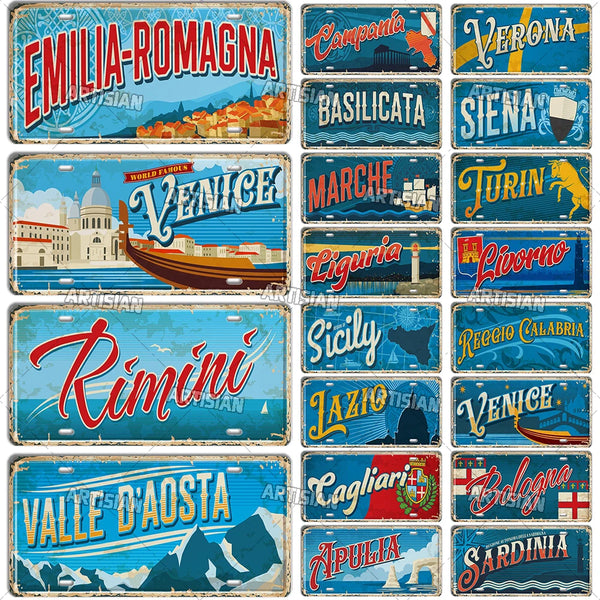 ARTYSIAN ITALY Landmark License Plate Ctiy State Province Metal Sign Travel Car Plate Decorative Tin Plaque Wall Decor Garage