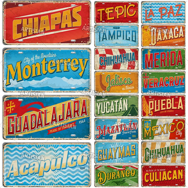 ARTYSIAN MEXICO License Plate Landmark Metal Tin Plaque City Metal Sign Wall Decor Garage Bar Pub Club Hotel Cafe Kitchen Home