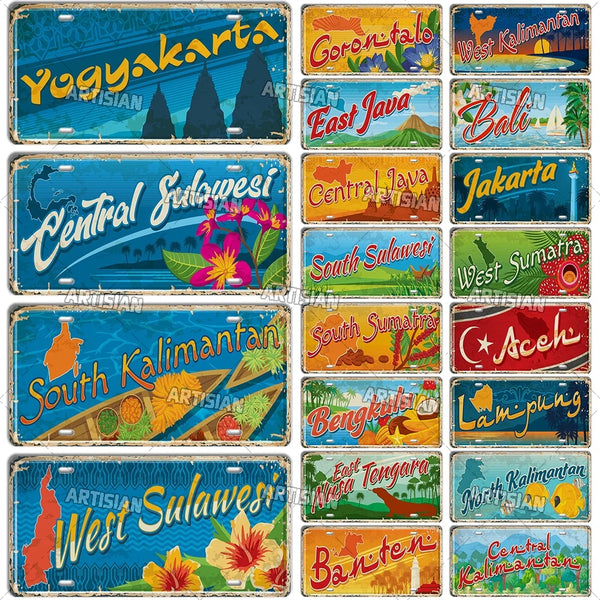 ARTYSIAN Indonesia Ctiy Asia State Province Metal Sign Landmark License Plate Travel Car Plate Decorative Tin Plaque Wall Decor