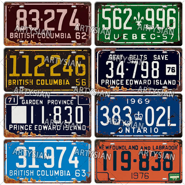 Canada Vintage License Plate British Columbia Quebec New Brunswick Yukon Prince Edward Island Ontario Vehicle Truck Metal Sign