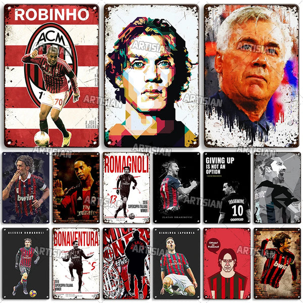 ARTYSIAN Rusty Sport AC Milan Ibrahimovic Ancelotti Inzaghi Metal Poster Decorative Plate Weathered Soccer Metal Tin Sign Wall Plate