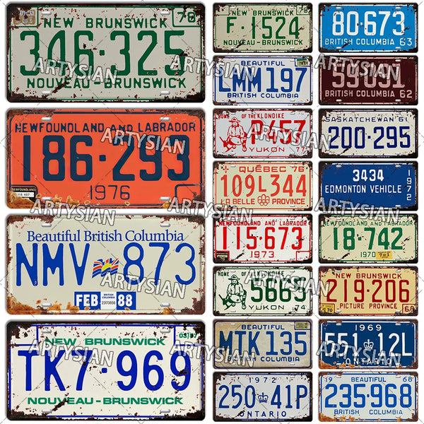 Canada Retro License Plate British Columbia Quebec Newfoundland and Labrador Saskatchewan Vehicle Trailer Truck Metal Sign