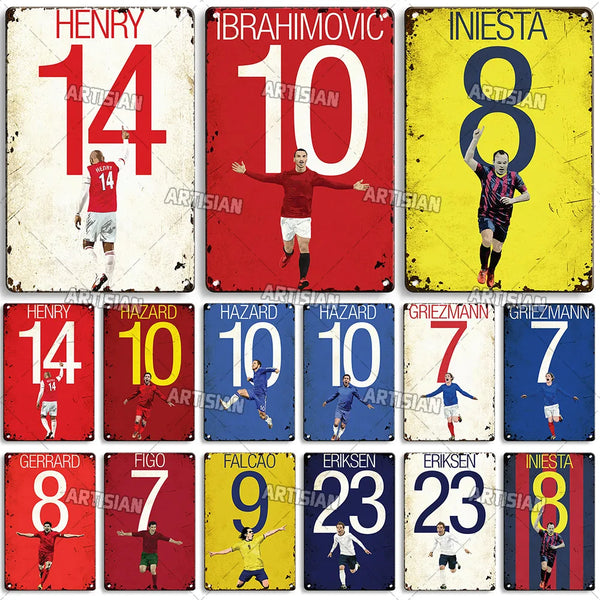 ARTYSIAN Football Henry Hazard Ibrahimovic Iniesta Gretzmann Figo Falcao Insigne Eriksen JAMES Rusty Soccer Decorative Plate Sport Metal Tin Sign