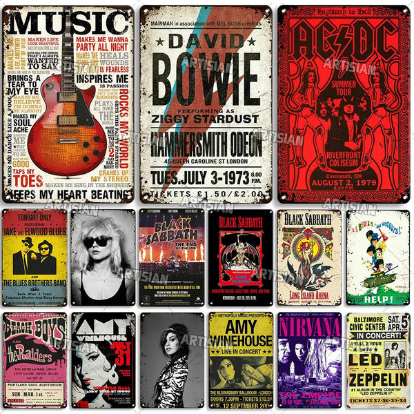 David Bowie AC DC Jake at Elwood Blues BLACK SABBATH Beach Boys Amy Winehouse Nirvana Led Zeppelin Blondie Metal Poster Music Band Metal Sign Metal Plaque