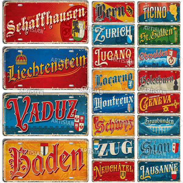 ARTYSIAN SWISS Landmark License Plate City Metal Tin Plaque Car Metal Sign Wall Decor Garage Bar Pub Club Hotel Cafe Kitchen