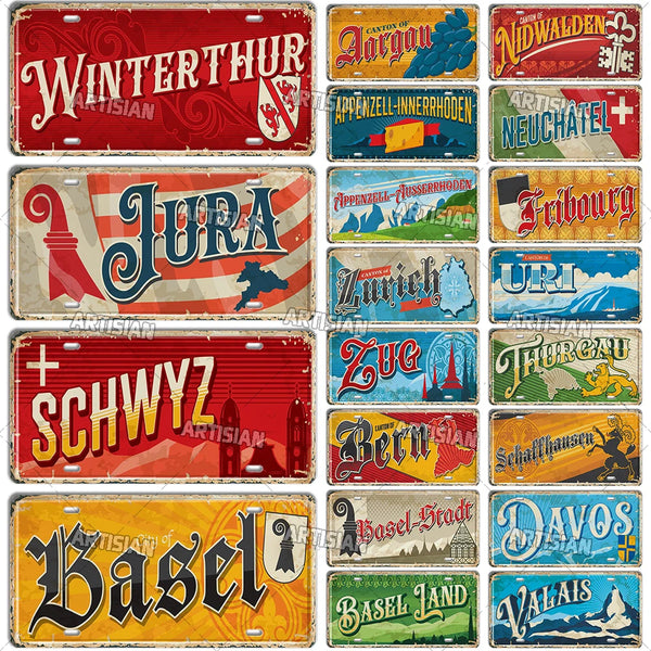 ARTYSIAN SWISS Landmark License Plate City Decorative Vehicle Plate Metal Tin Plaque Wall Decor Garage Bar Pub Club Hotel Cafe