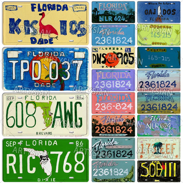 US State License Plate Children's painting Hand -painted Florida Number Plate Decorative Metal Sign Wall Plaque Industrial Decor