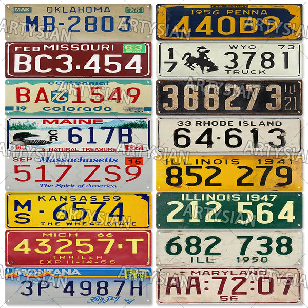 Vintage US State License Plate Metal Tin Sign Wall Decor Truck Vehicle Trailer Tractor Car Number Plate MICH ILL Montana Wyoming