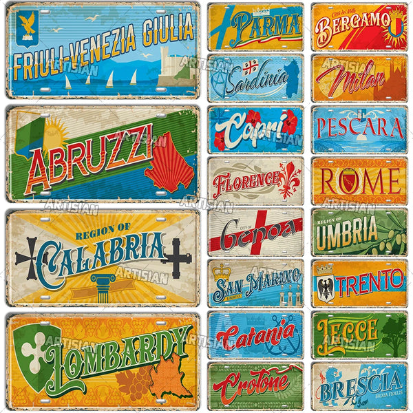 ARTYSIAN ITALY Ctiy State Travel Car Plate Province Metal Sign Landmark License Plate Decorative Tin Plaque Wall Decor Garage