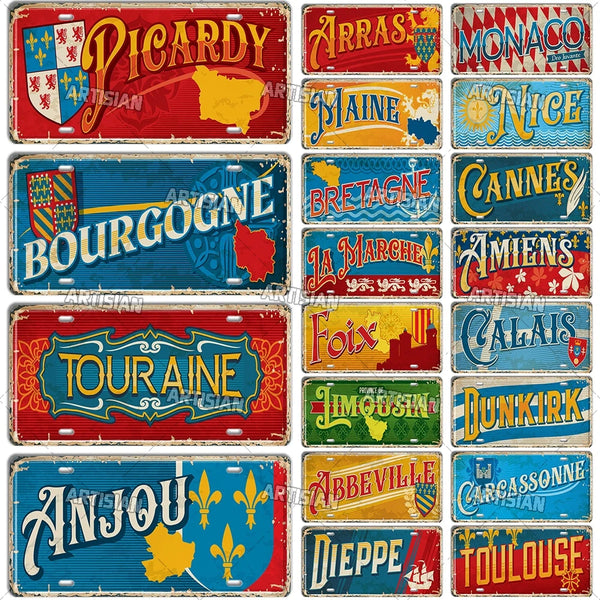 ARTYSIAN France Province Ctiy Metal Sign Landmark License Plate Travel Car Plate Decorative Tin Plaque Wall Decor Garage Bar Pub