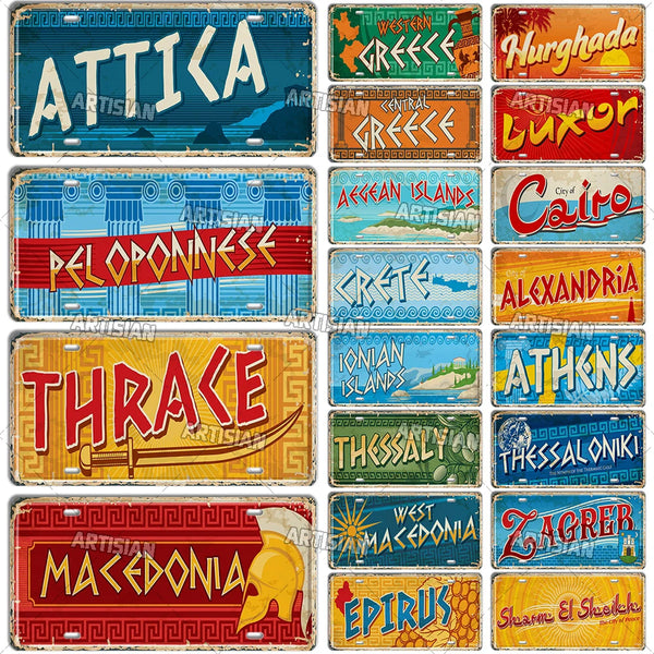 ARTYSIAN Greece Ctiy State Province Metal Sign EGYPT Landmark License Plate Travel Car Plate Decorative Tin Plaque Wall Decor