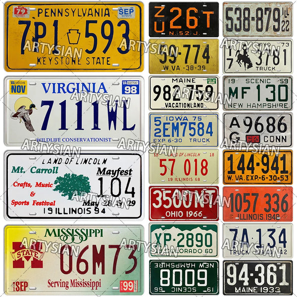 US License Plate Retro Truck Number Plate Mississippi West Virginia Maine Illinois Idaho Iowa Pennsylvania Decorative Metal Sign